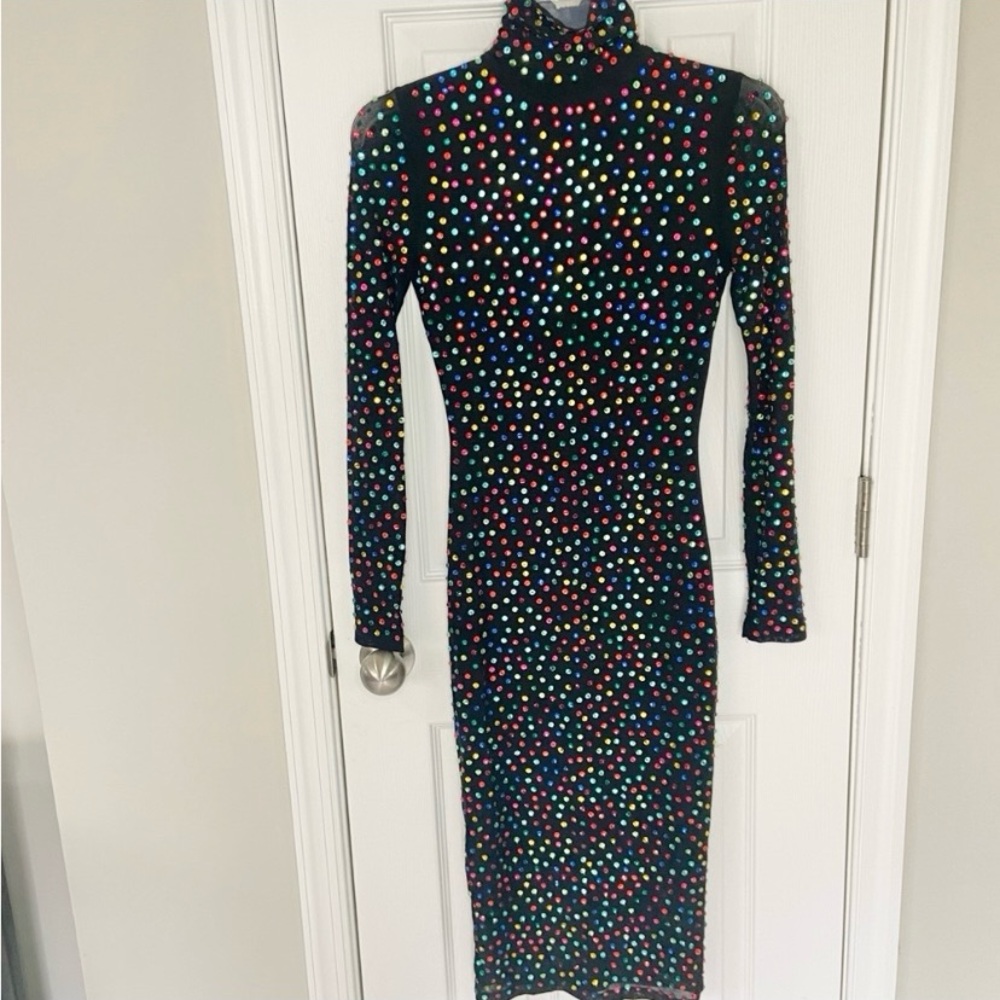 AKIRA Multicolored Rhinestone Bodycon Black Midi Dress Nylon Size Small NEW